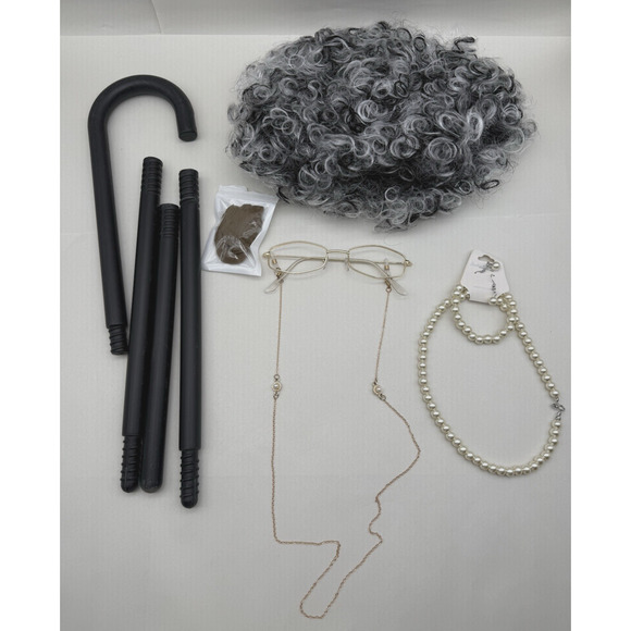 Old Lady Cosplay Grandma gray wig cane glasses chain necklace 100th day school.. - Picture 1 of 12